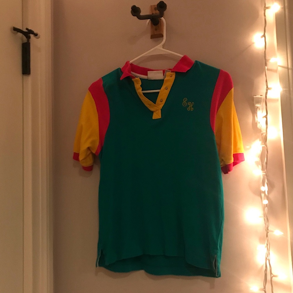 Vintage monogrammed color blocked collared shirt